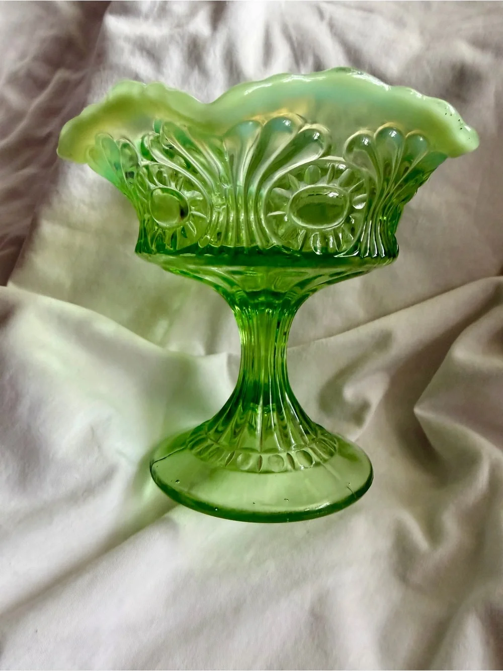 Green opalescent compote dish Northwood By the Glass Company.